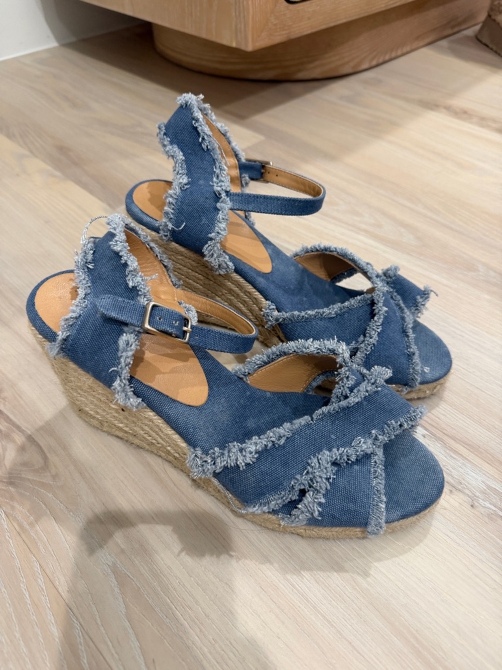 CASTANER Denim Frayed Espadrille Wedge Sandals - Blue